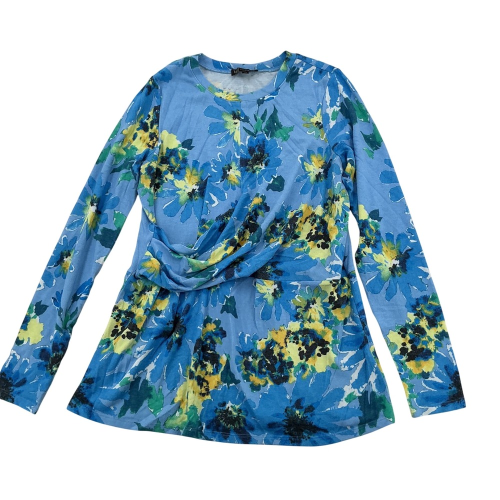 DG2 Diane Gilman Floral Twist Front Top Women Size M Blue Long Sleeve Tunic